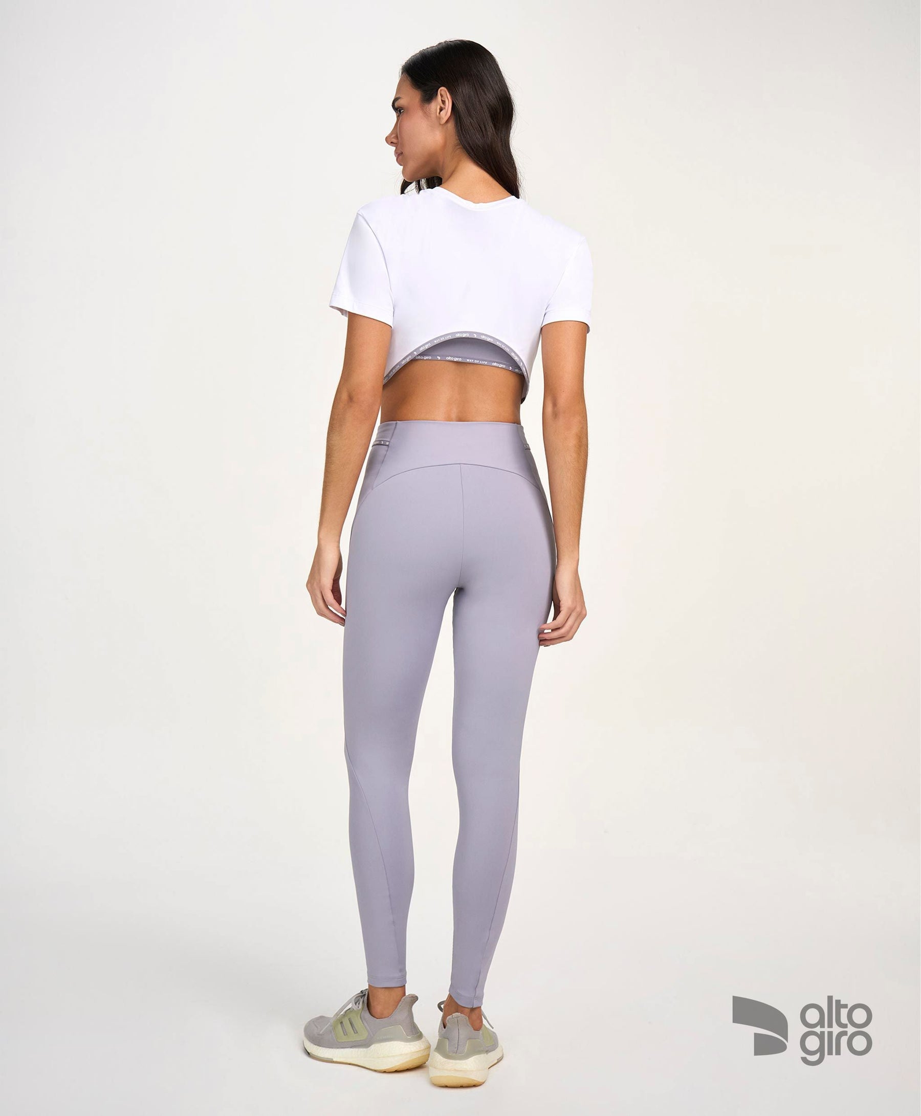 Legging Bolsos Laterais Com Lapela Cinza Alto Giro