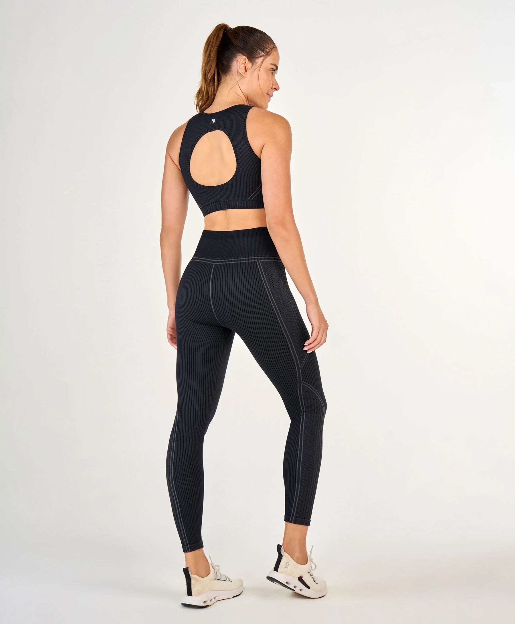 Legging Sem Costura Canelada Cos Alto Preto Alto Giro