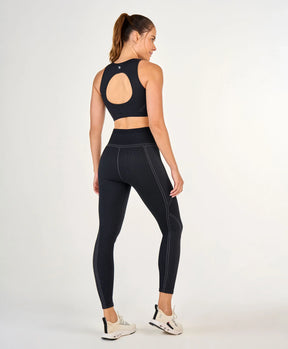 Legging Sem Costura Canelada Cos Alto Preto Alto Giro