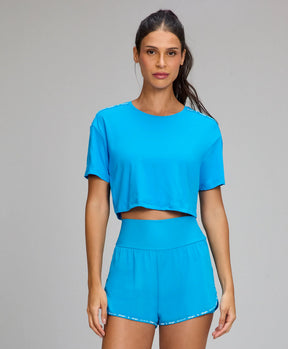 T-shirt Cropped Elástico Personalizado Azul Ciano Alto Giro