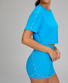 T-shirt Cropped Elástico Personalizado Azul Ciano Alto Giro