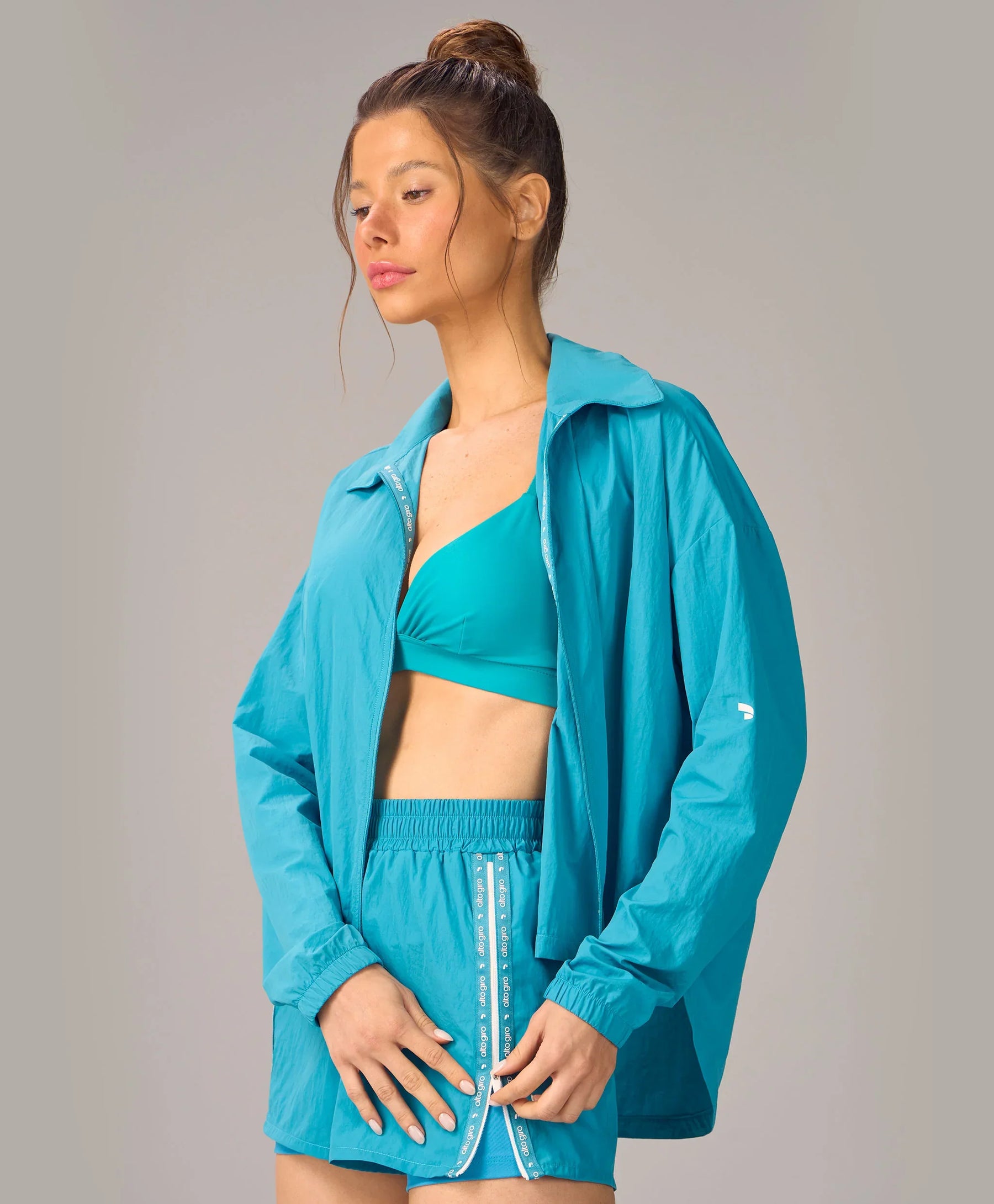 Camisa Com Zíper Fita Personalizada Azul Acqua Alto Giro