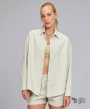 Camisa Oversized Listrada Bege Alto Giro