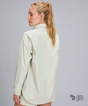 Camisa Oversized Listrada Bege Alto Giro