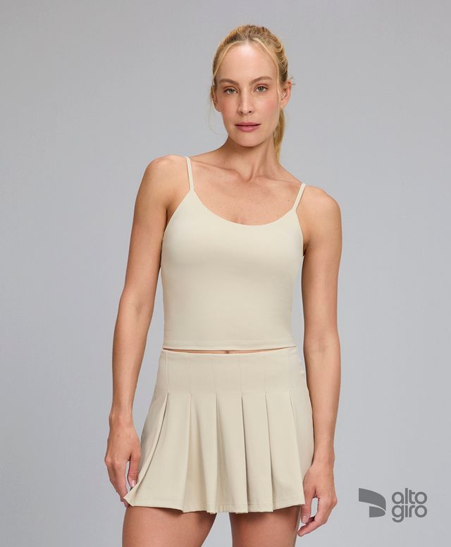 Saia Pregas Com Shorts Interno Bege Alto Giro