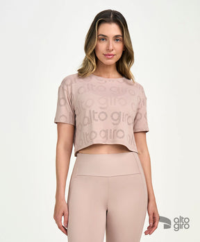 T-Shirt Cropped Mesh Bege Suave Alto Giro