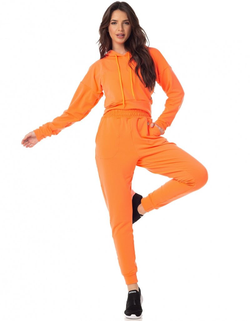 Conjunto Blusa Com Capuz e Calça Jogger Laranja Neon Vestem